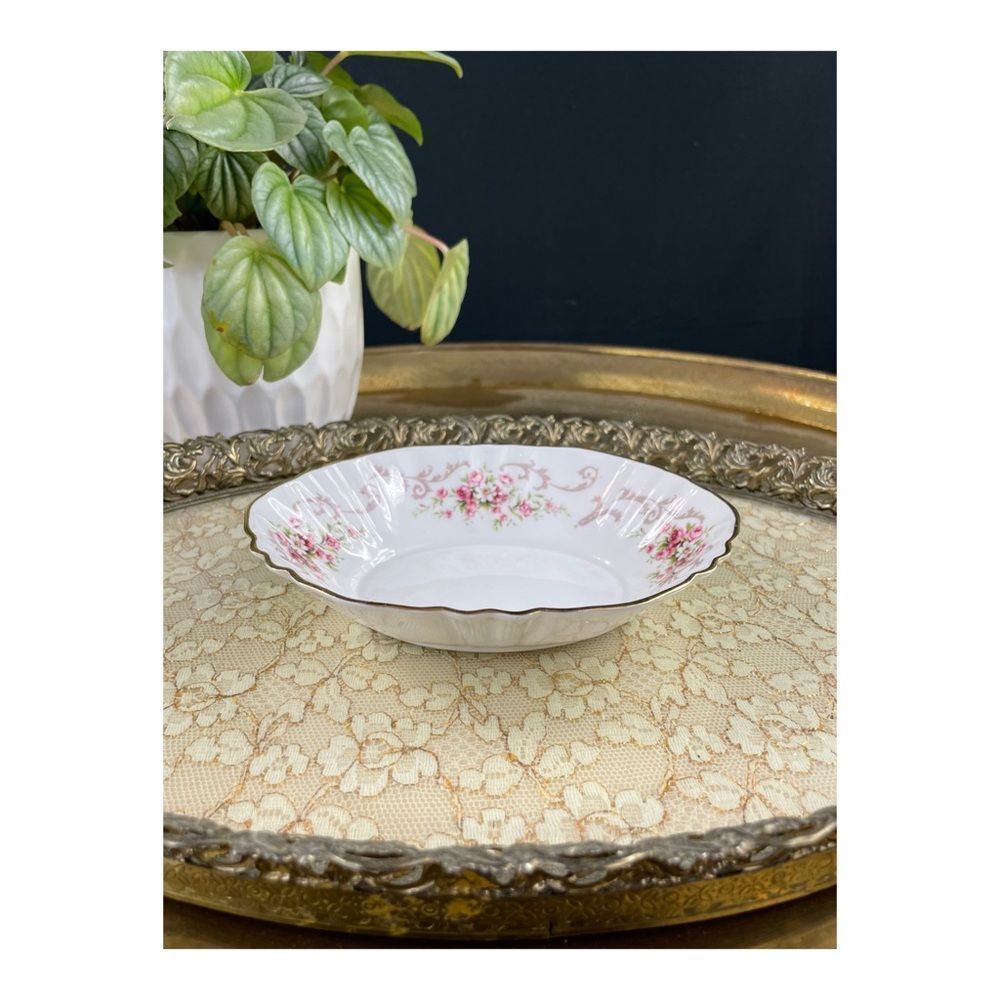 Vintage Paragon Rose Bouquet Bone China Trinket Dish White Pink Gold Trim